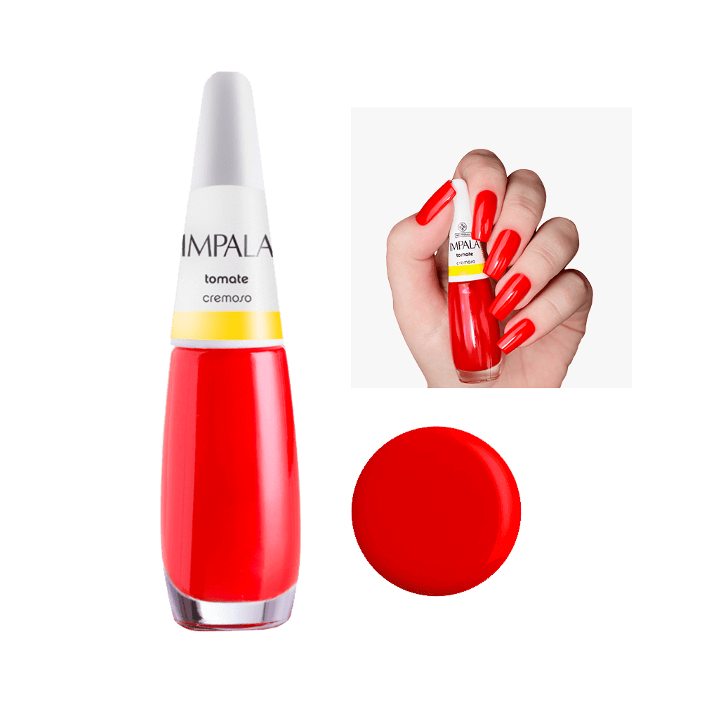 Frasco de Esmalte Impala Cremoso Tomate com unhas pintadas na mesma cor