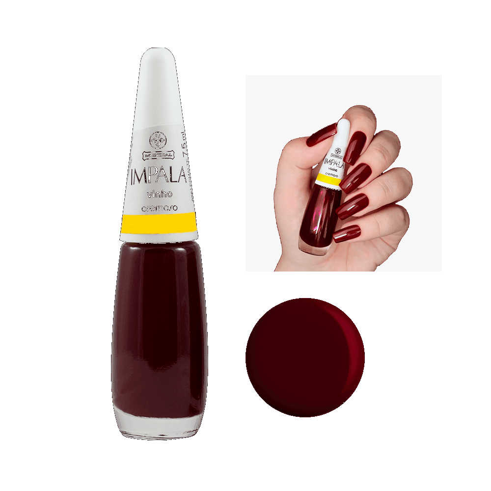 Esmalte Impala cremoso cor vinho em frasco transparente com tampa branca