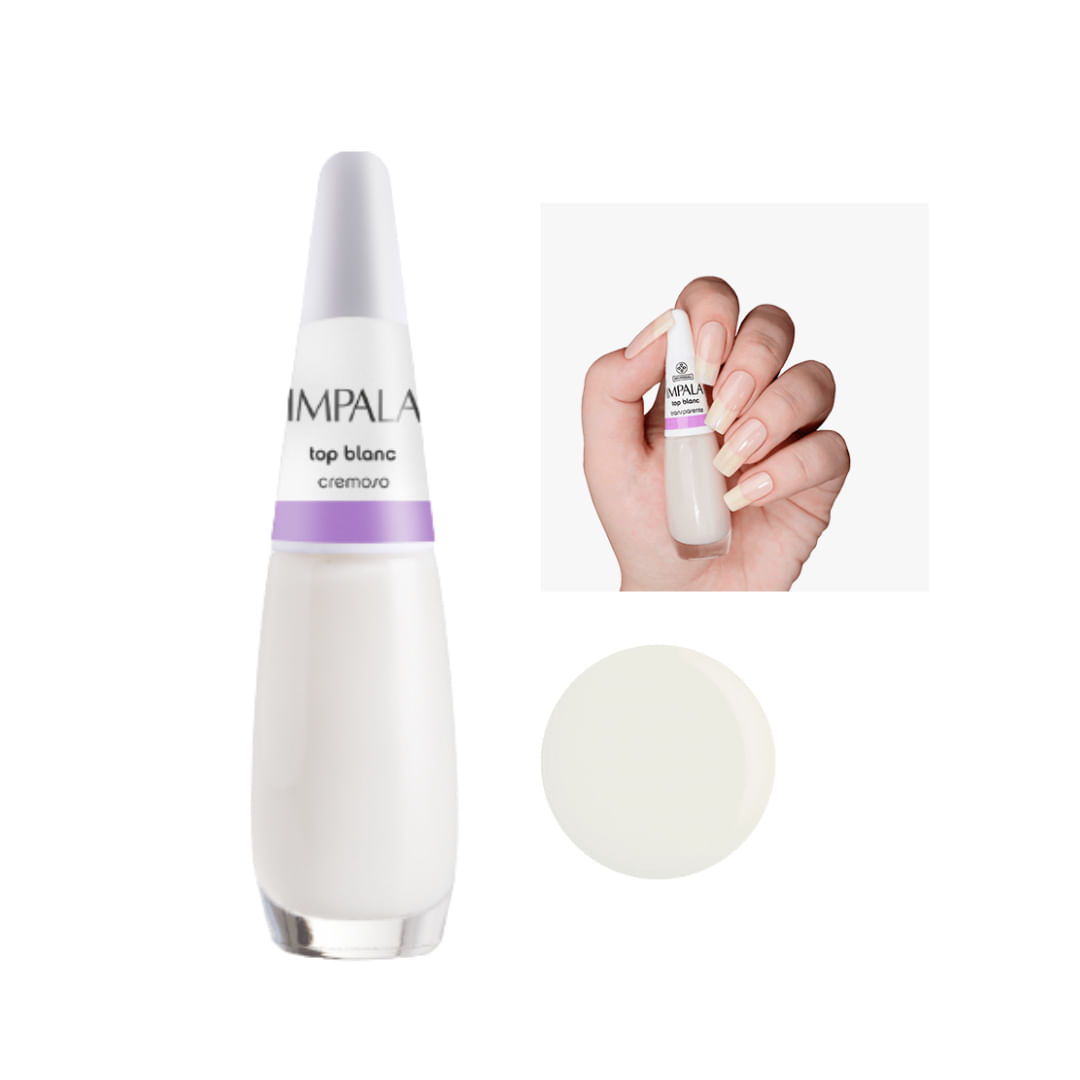 Esmalte Impala Top Blanc transparente frasco e aplicação nas unhas