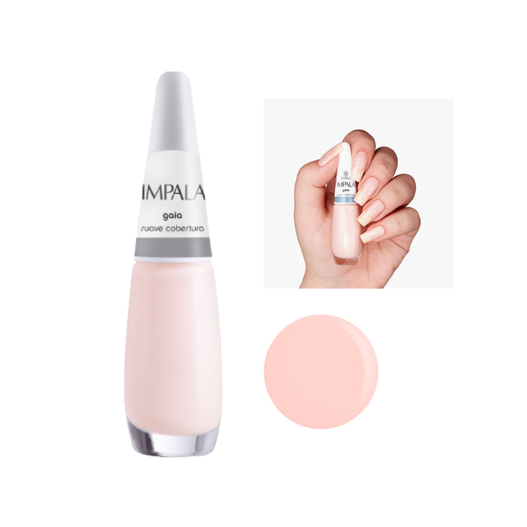Esmalte Impala Suave Cobertura Gaia - frasco e mão com unhas pintadas