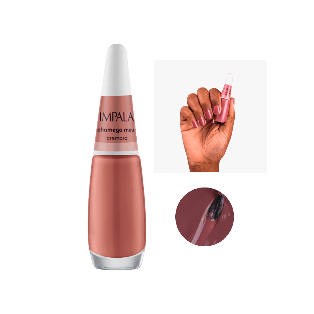 Esmalte Impala Chamego Meu - frasco e aplicação, tom rosa queimado cremoso