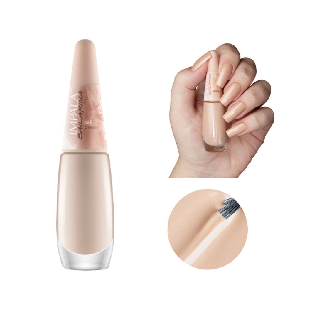 Esmalte Impala Bailarina Plié cremoso, frasco transparente com tampa rosa e unhas pintadas na cor nude