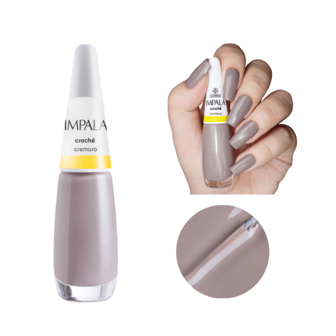 Esmalte Impala Cremoso Crochê em tom cinza-bege, frasco com pincel e unhas pintadas