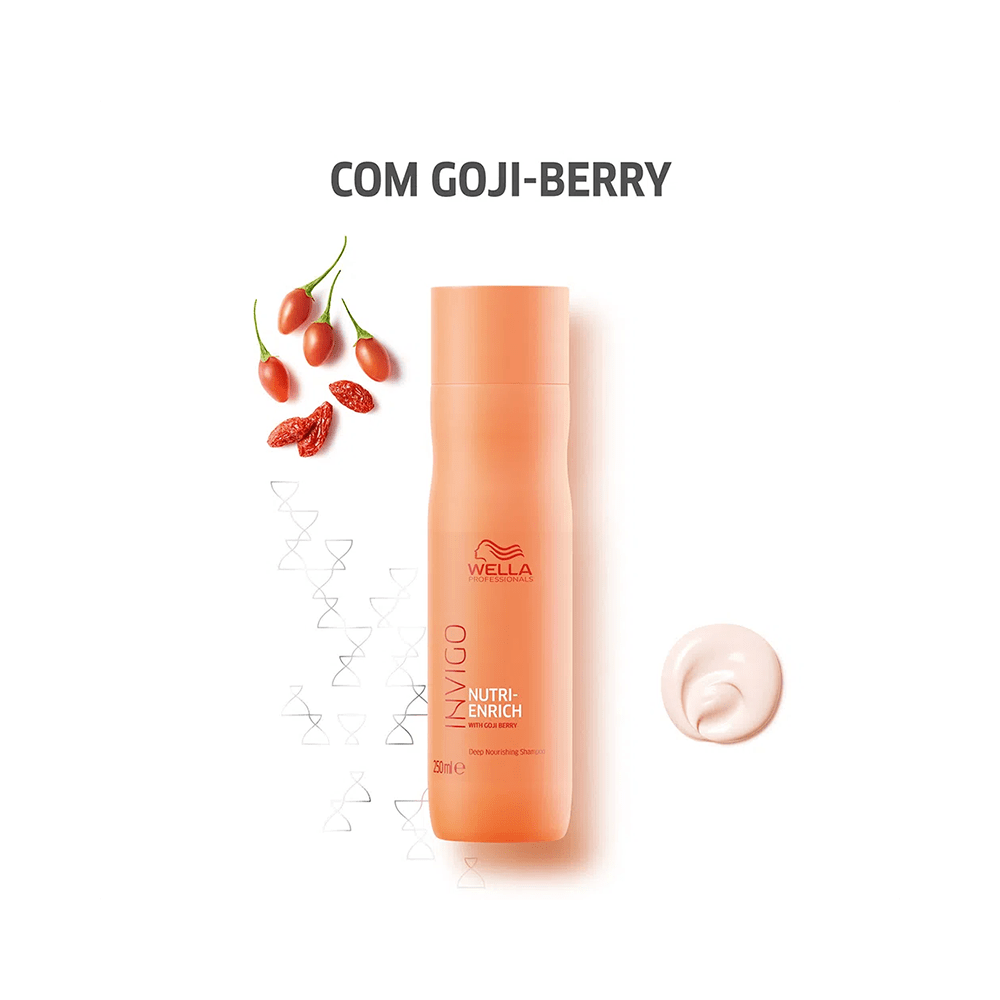 Frasco do shampoo Wella Invigo Nutri-Enrich 250ml com destaque para Goji Berry e textura do produto