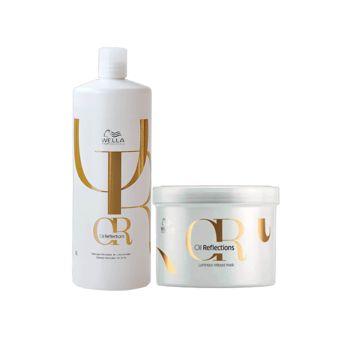 Kit Wella Professionals Oil Reflections com shampoo 1000ml e máscara 500ml em embalagens brancas com detalhes dourados