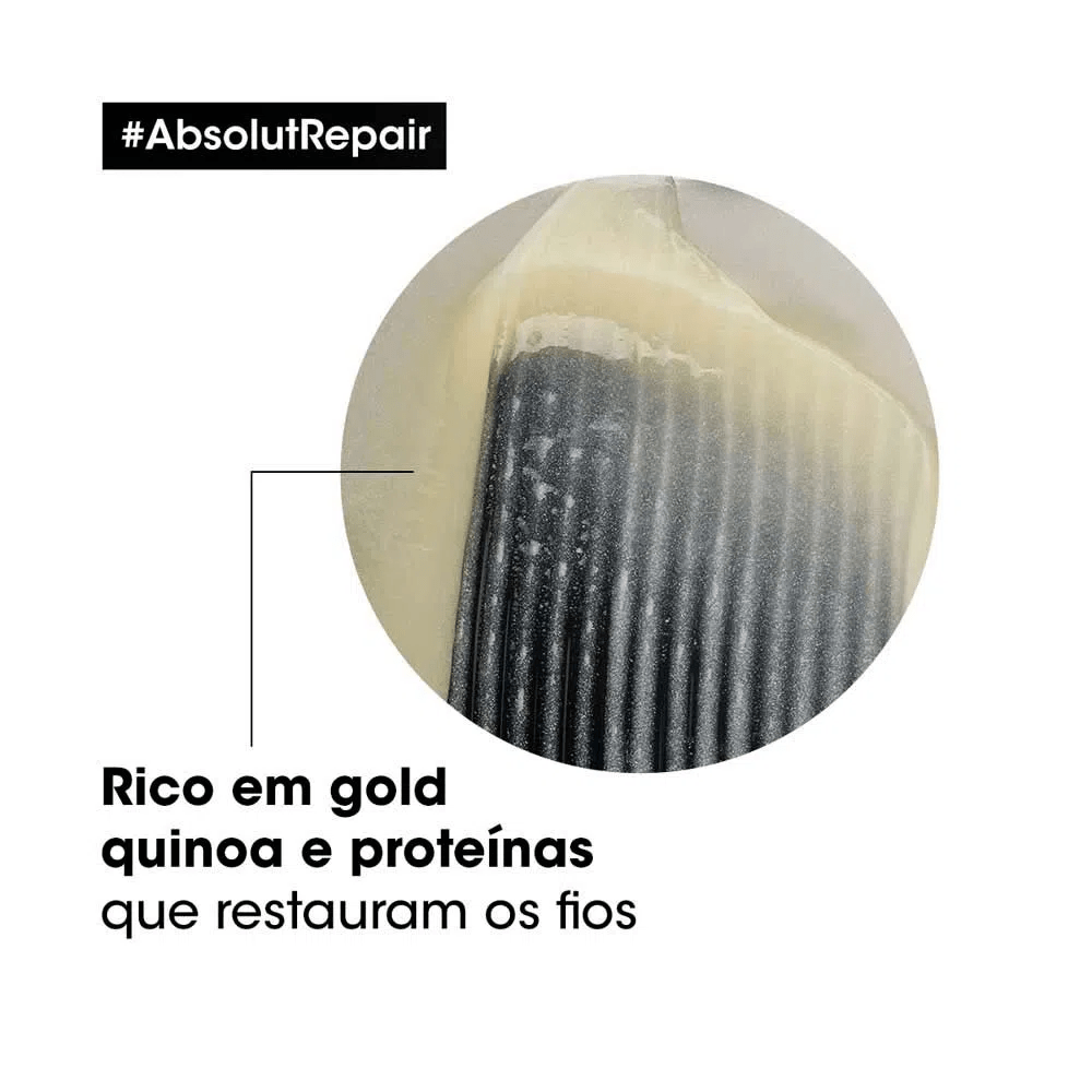 Textura cremosa do shampoo Absolut Repair destacando Gold Quinoa e proteínas