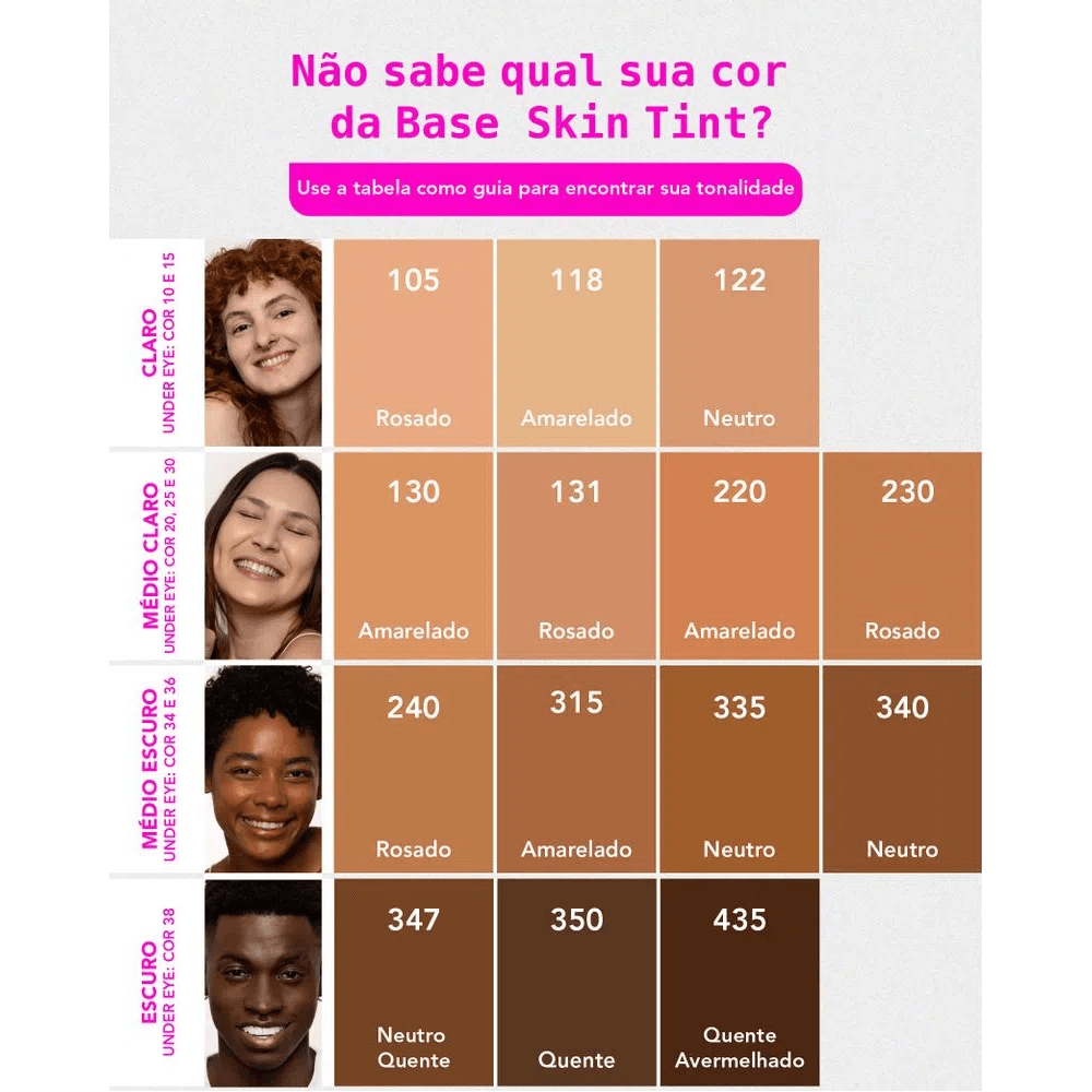 Paleta de cores com 16 tons da Base Skin Tint Ruby Kisses