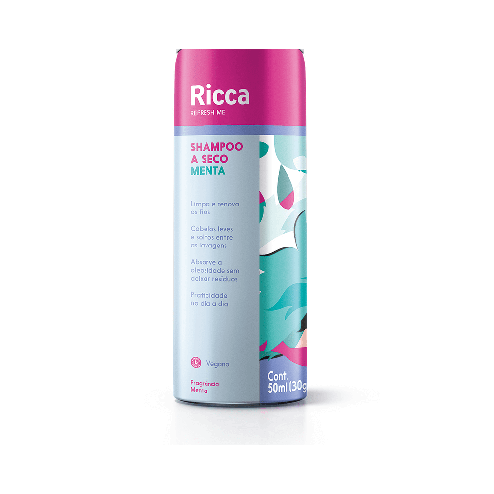 Frasco do Shampoo a Seco Ricca Menta 50ml mostrando rótulo e design