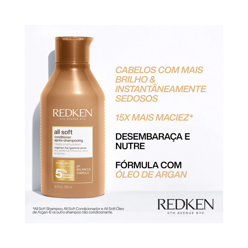 Detalhe da embalagem do Condicionador Redken All Soft 300ml destacando benefícios