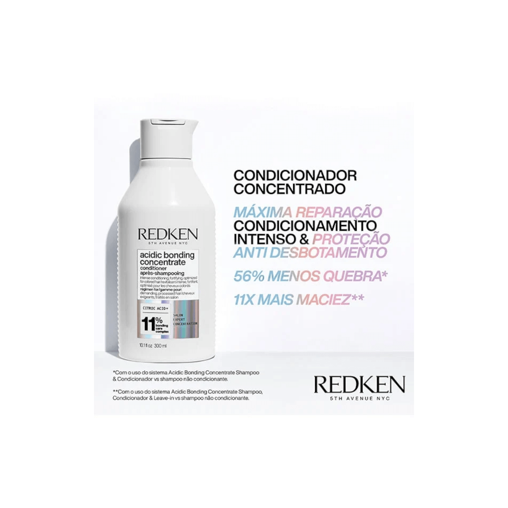 Condicionador Redken Acidic Bonding Concentrate 300ml com destaque para benefícios e embalagem