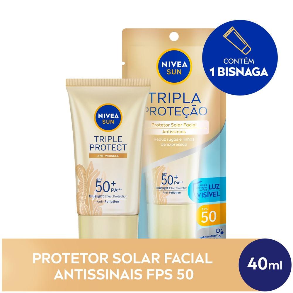 NIVEA SUN Protetor Solar Facial Tripla Proteção FPS 50 40ml - embalagem dourada e azul