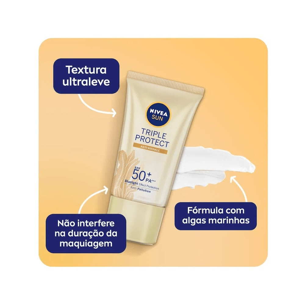 Benefícios do NIVEA SUN Tripla Proteção FPS 50 em destaque ao lado da embalagem