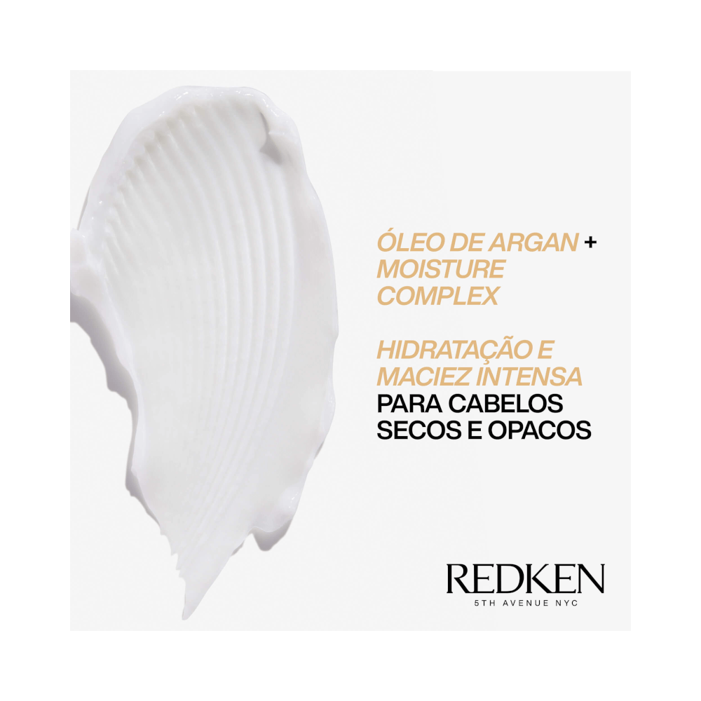 Textura cremosa branca do condicionador Redken All Soft com indicação de óleo de argan