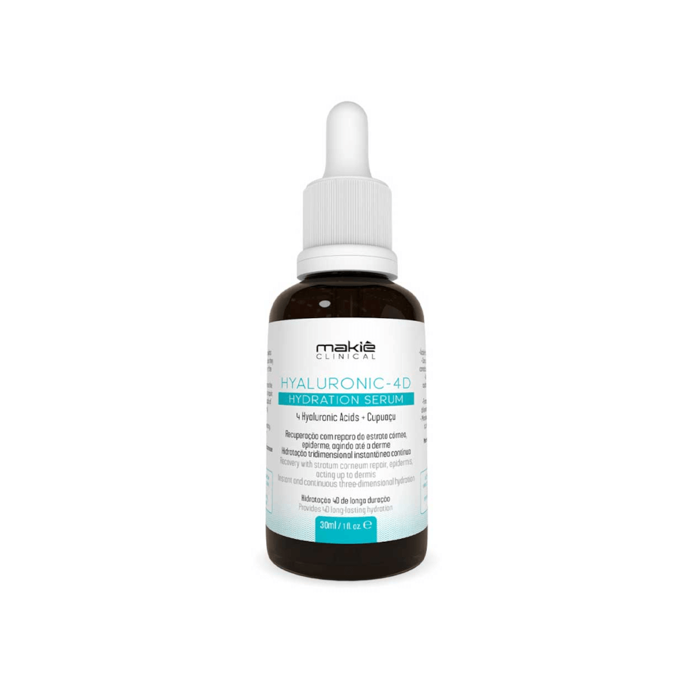 Frasco âmbar do Sérum Facial Makiê Hydration 4D 30ml com conta-gotas sobre fundo branco