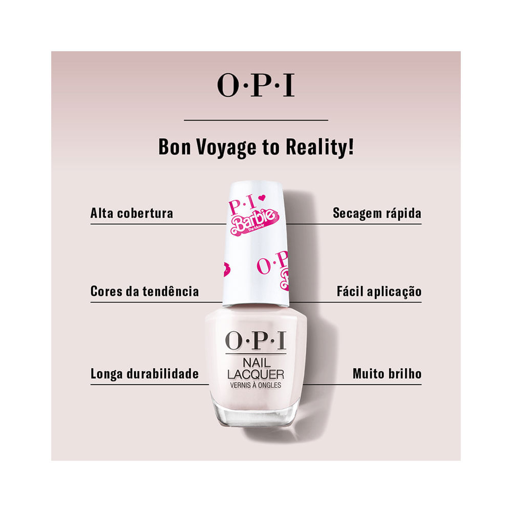 Imagem promocional com atributos do esmalte OPI Barbie Bon Voyage To Reality