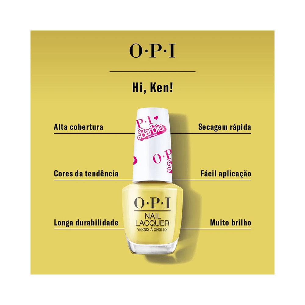 Esmalte OPI Barbie Hi Ken! com destaque para atributos e fundo amarelo