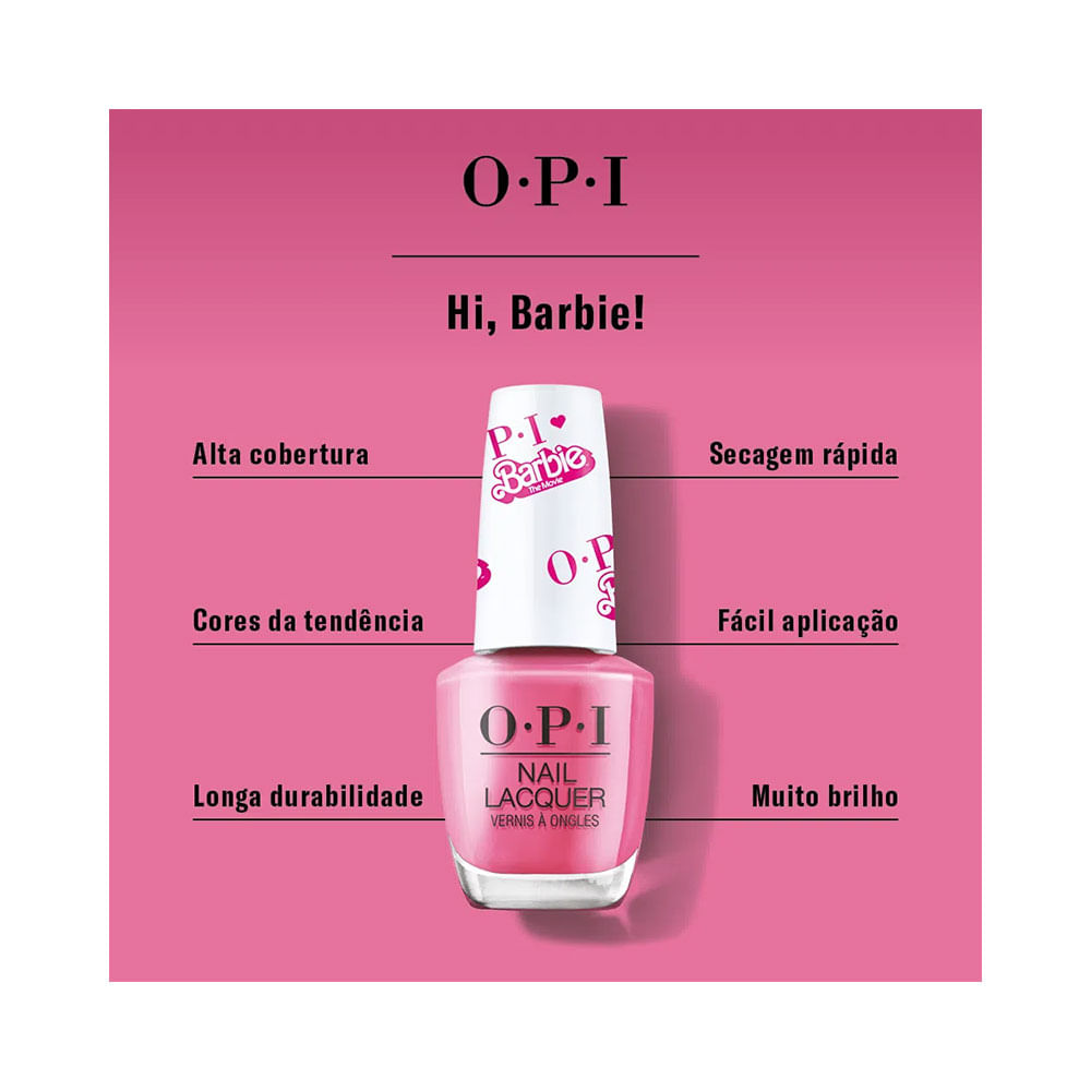 Imagem promocional do Esmalte OPI Barbie Hi Barbie mostrando frasco e benefícios