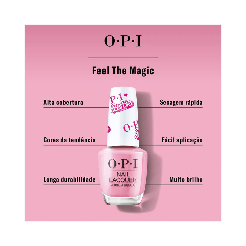 Esmalte OPI Barbie Feel The Magic em fundo rosa com ícones de características