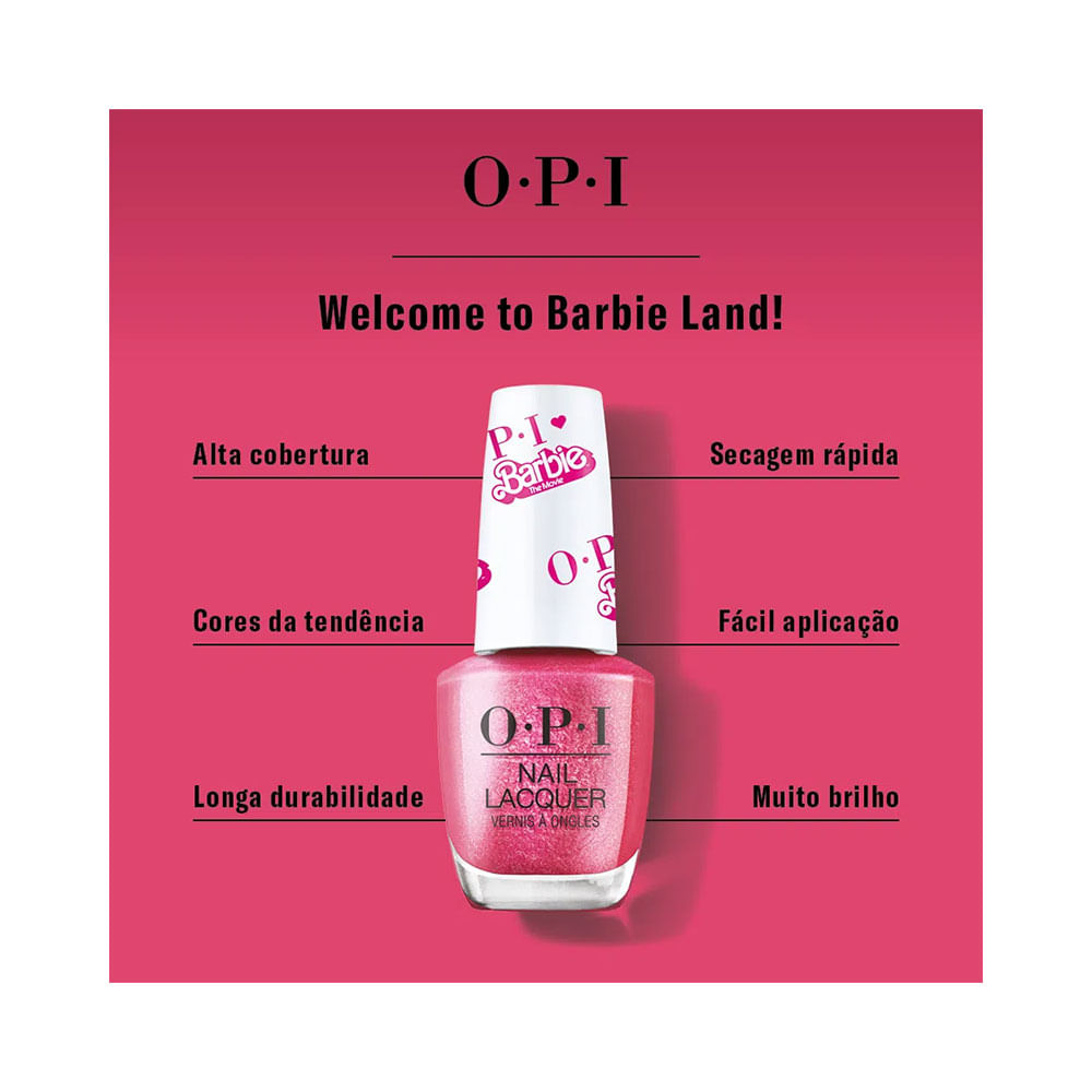 Esmalte OPI Barbie Welcome To Barbie Land vista do frasco em fundo rosa
