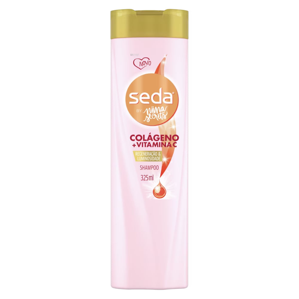 Frasco do shampoo Seda By Niina Secrets Colágeno e Vitamina C 325ml - gota dourada e selo de novidade