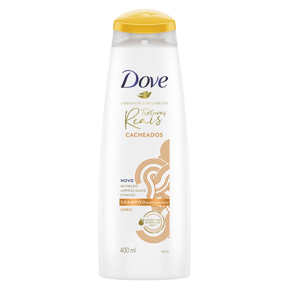 Frasco frontal do Shampoo Dove Texturas Reais Cacheados 400 ml