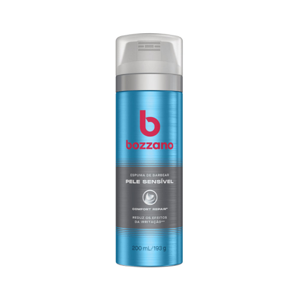 Frontal da embalagem da Espuma de Barbear Bozzano Pele Sensível 200ml