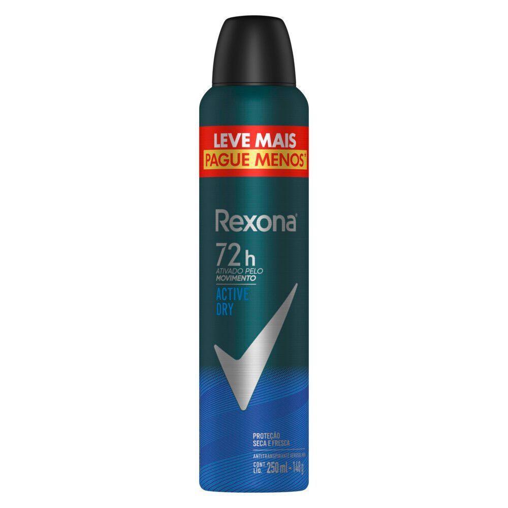 Detalhe do rótulo e tampa do desodorante Rexona Men Active Dry