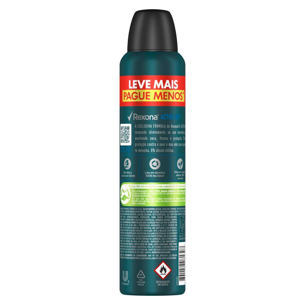 Verso do desodorante Rexona Men Active Dry com informações e selo de sustentabilidade