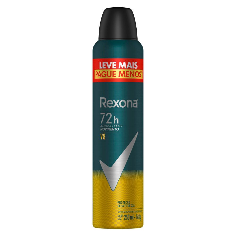 Lata do desodorante Rexona Men V8 250 ml com destaque para tampa preta e corpo azul escuro