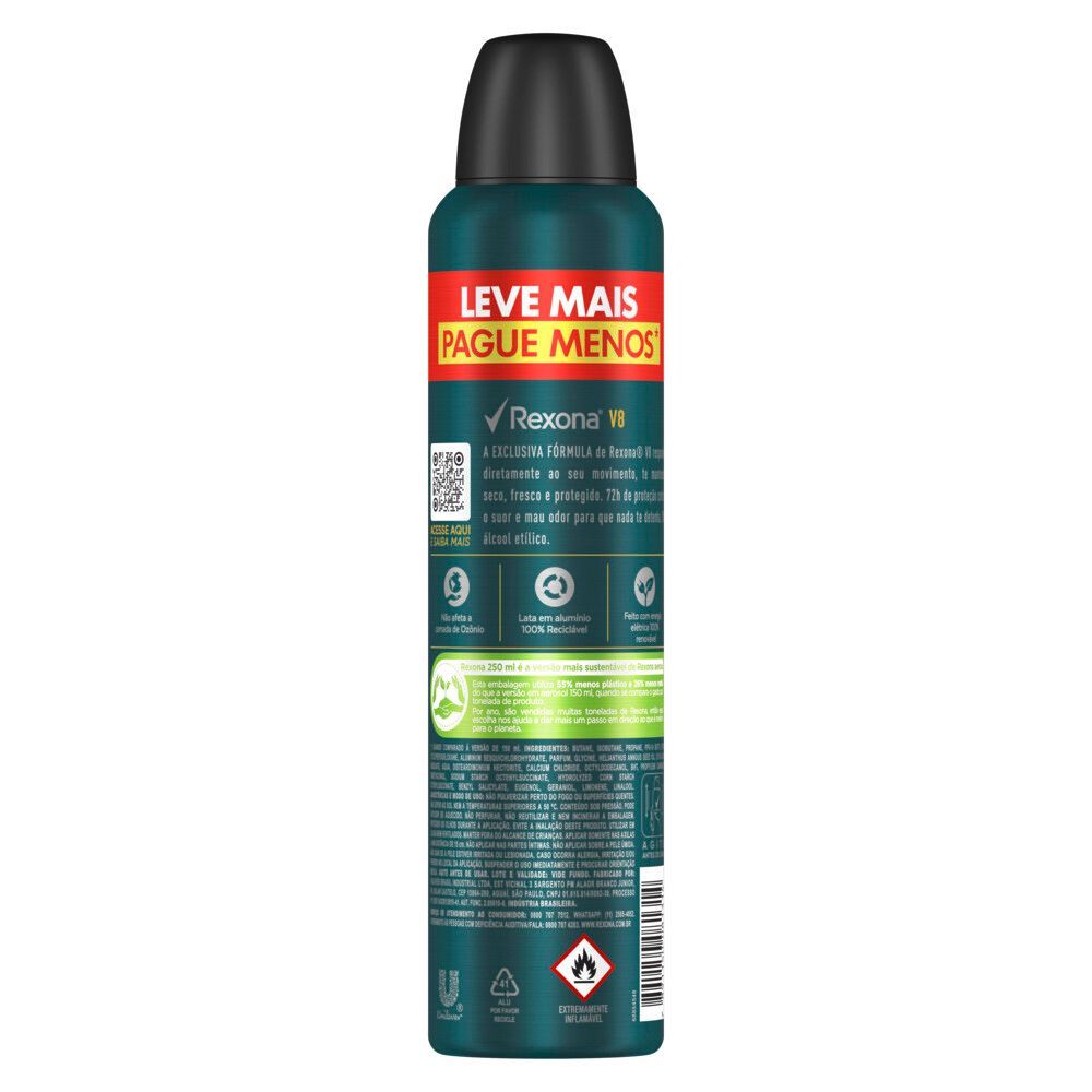 Traseira da embalagem do desodorante Rexona Men V8 250 ml com informações da fórmula