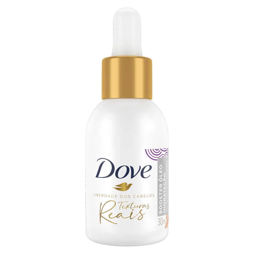 Frasco branco do Booster Dove com conta-gotas dourado e rótulo Texturas Reais