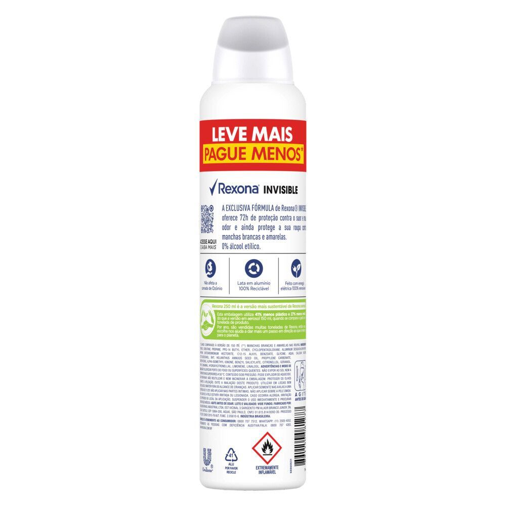 Rexona Invisible 250 ml - imagem traseira com informações técnicas e ícones