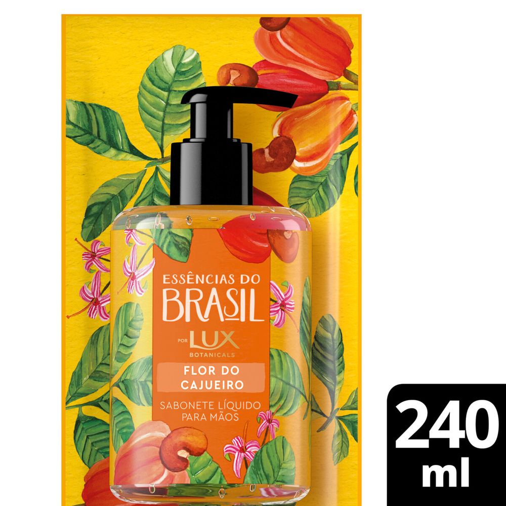 Sabonete Líquido Lux Flor do Cajueiro 240ml embalagem transparente com pump, líquido laranja