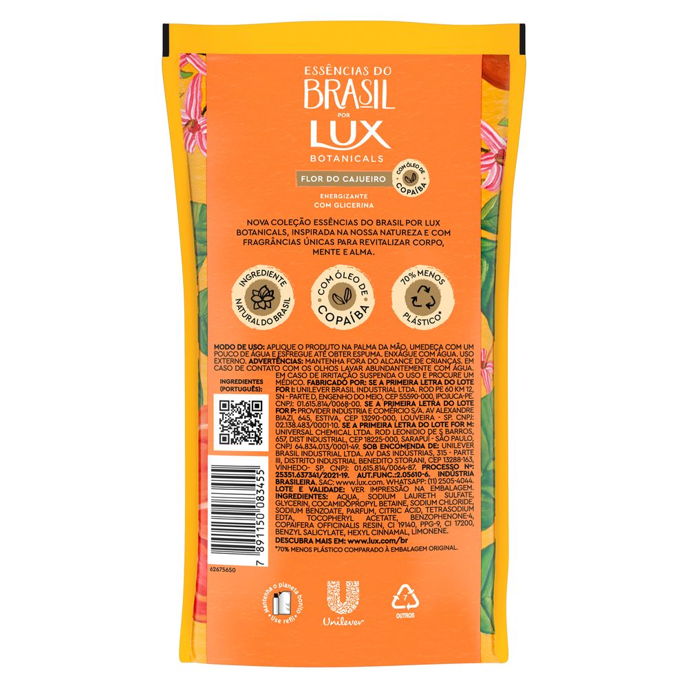 Embalagem refil Lux Flor do Cajueiro 240ml destacando 70% menos plástico e ingredientes botânicos