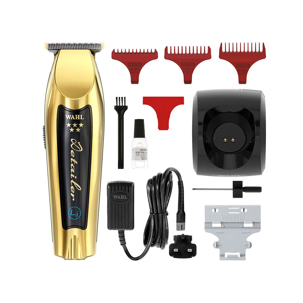 Kit Wahl Detailer Li Gold com acessórios: pentes, óleo, base e escova