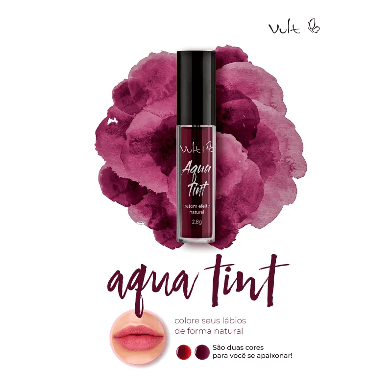 Batom Lip Tint Vult Aquatint Violet com amostra de cor e fundo aquarelado