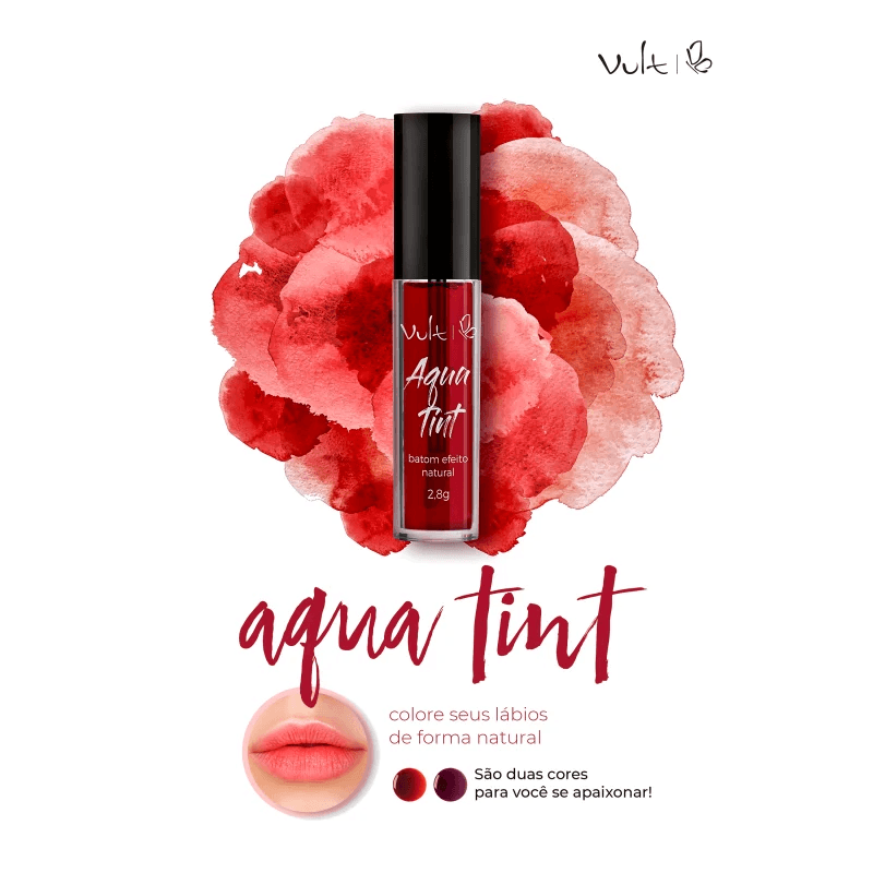 Imagem promocional Lip Tint Vult Aquatint Red com demonstração do efeito nos lábios