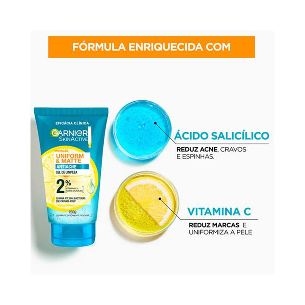 Composição da fórmula com destaque para Ácido Salicílico e Vitamina C sobre fundo branco