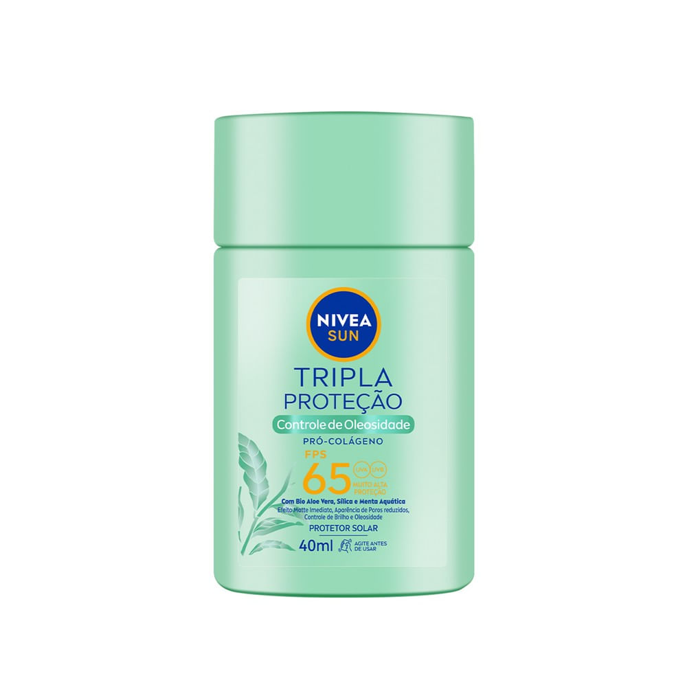 Detalhe do frasco do protetor solar Nivea Sun Tripla Proteção, textura fluida