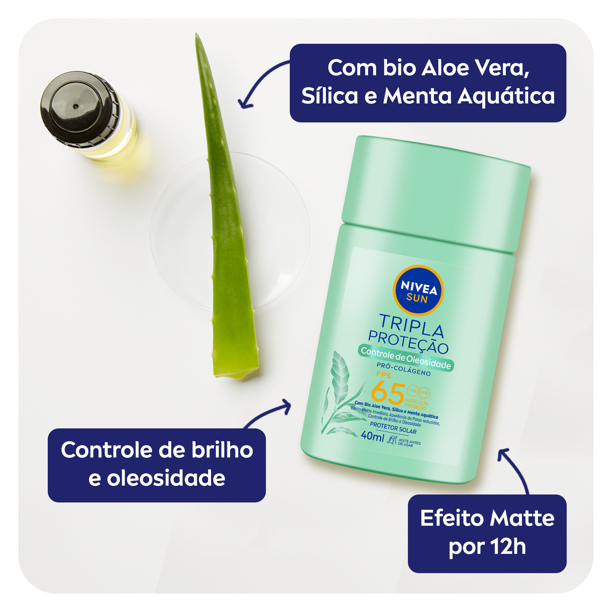 Protetor solar Nivea Sun Tripla Proteção ao lado de aloe vera e ingredientes