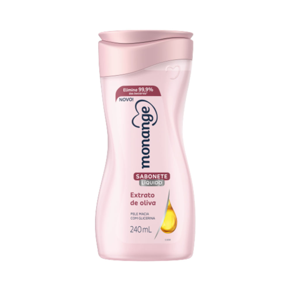 Sabonete Líquido Monange Extrato de Oliva 240ml - embalagem frontal rosa claro