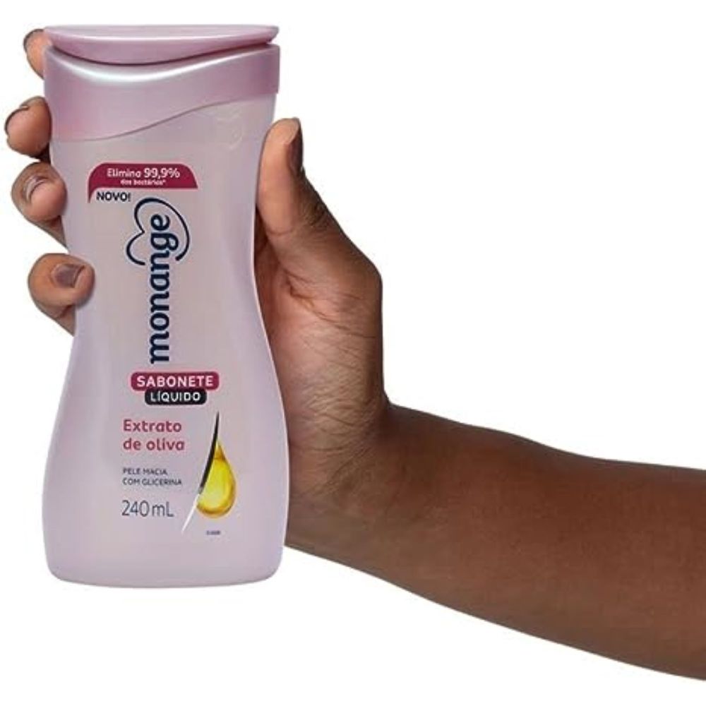 Mão segurando sabonete líquido Monange 240ml com tampa flip-top