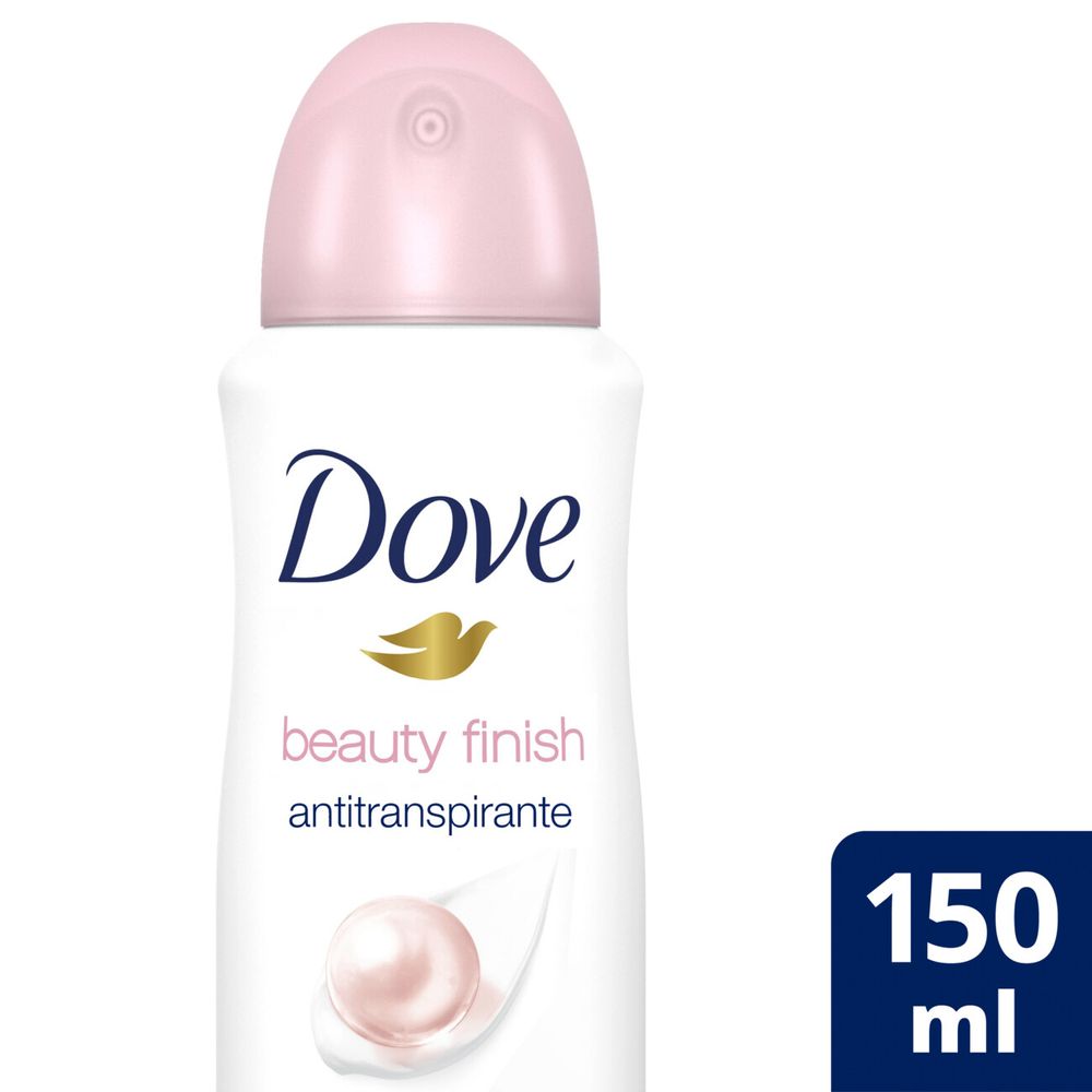 Desodorante Antitranspirante Aerosol Dove Beauty Finish 150ml embalagem branca com detalhes em rosa