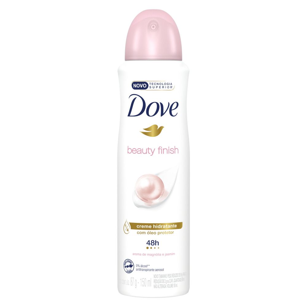 Visão frontal do aerosol Dove Beauty Finish com tampa perolada rosa