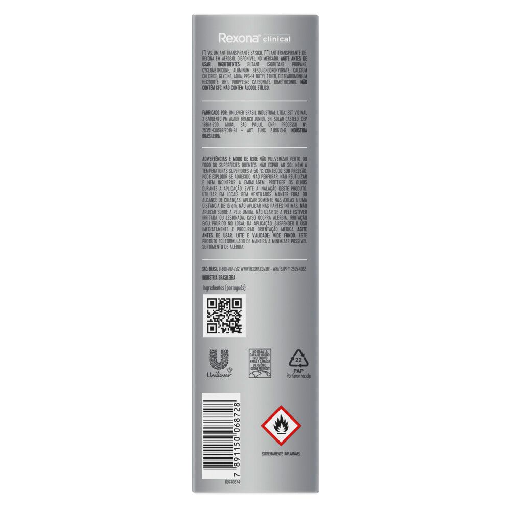Traseira do frasco com informações e ingredientes do desodorante Rexona Clinical