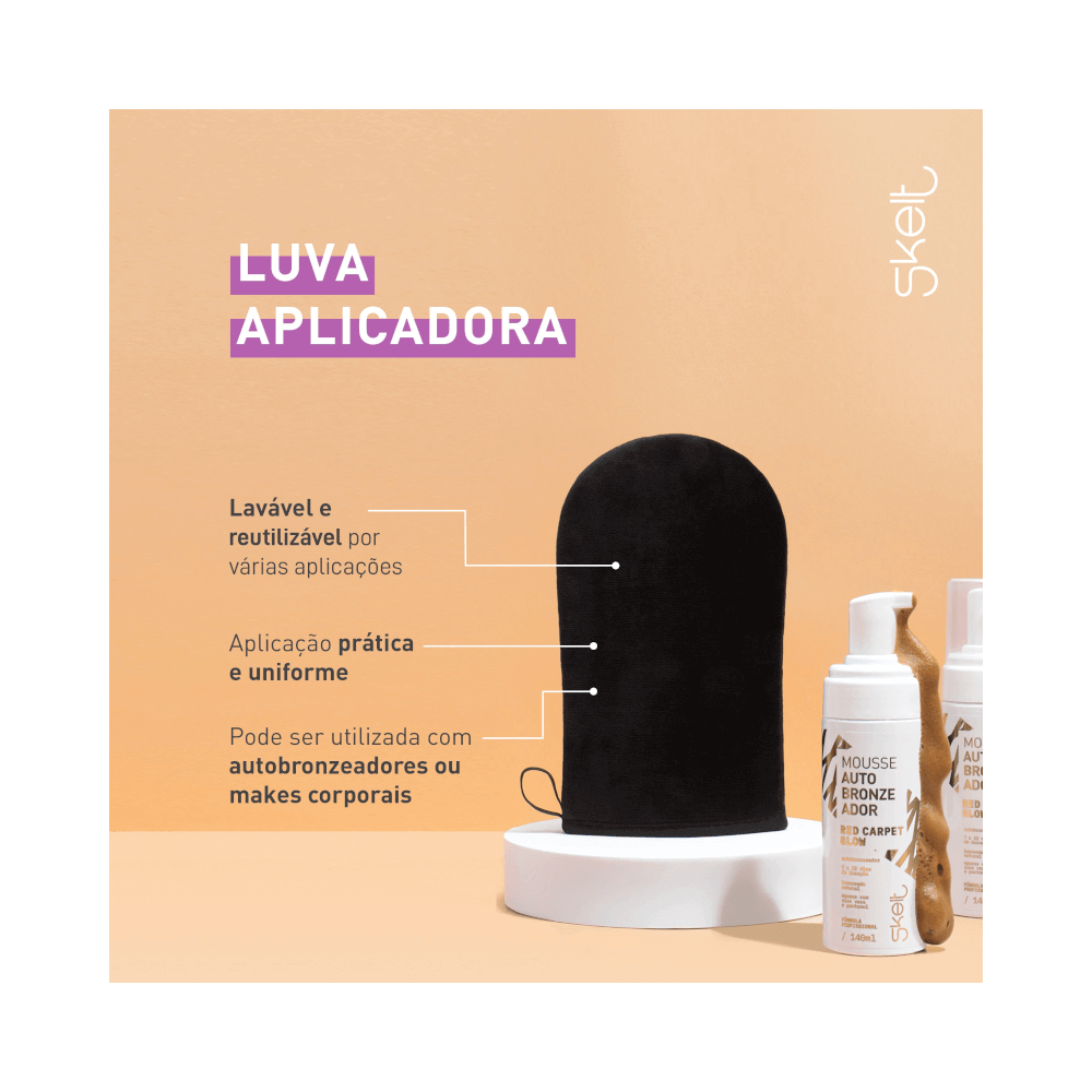 Luva Skelt em fundo bege com destaque para texto Lavável e reutilizável