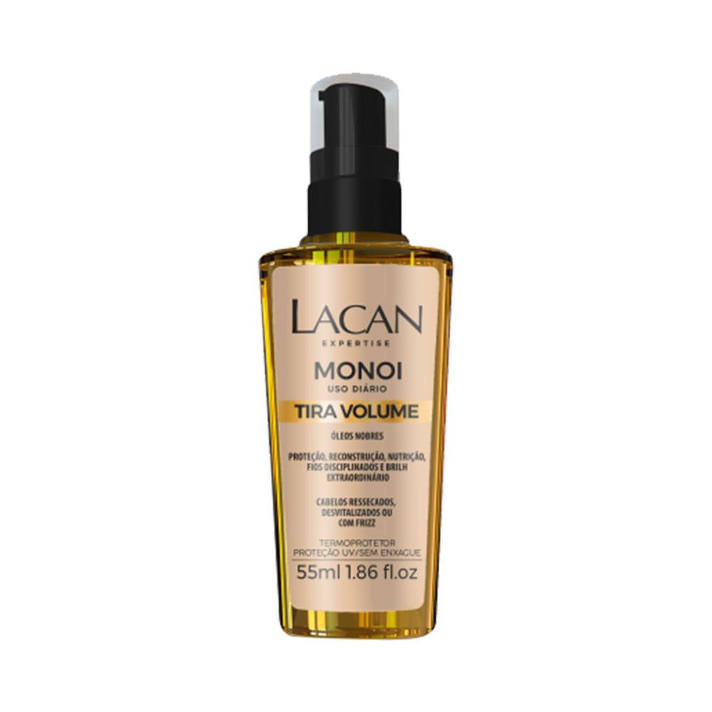 Frente do óleo capilar Lacan Tira Volume Argan e Monoi 55ml, frasco âmbar com pump