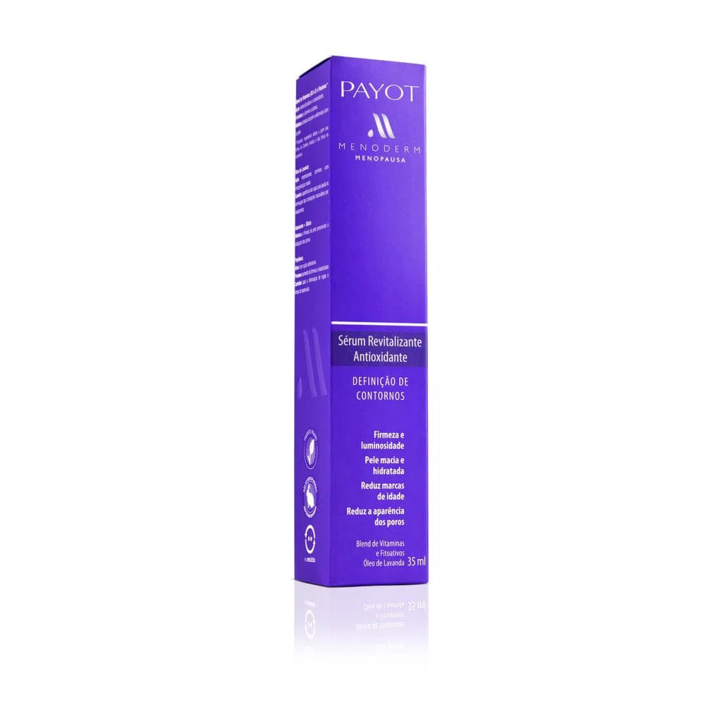 Caixa roxa do Sérum Facil Payot Menoderm Menopausa com destaque dos benefícios