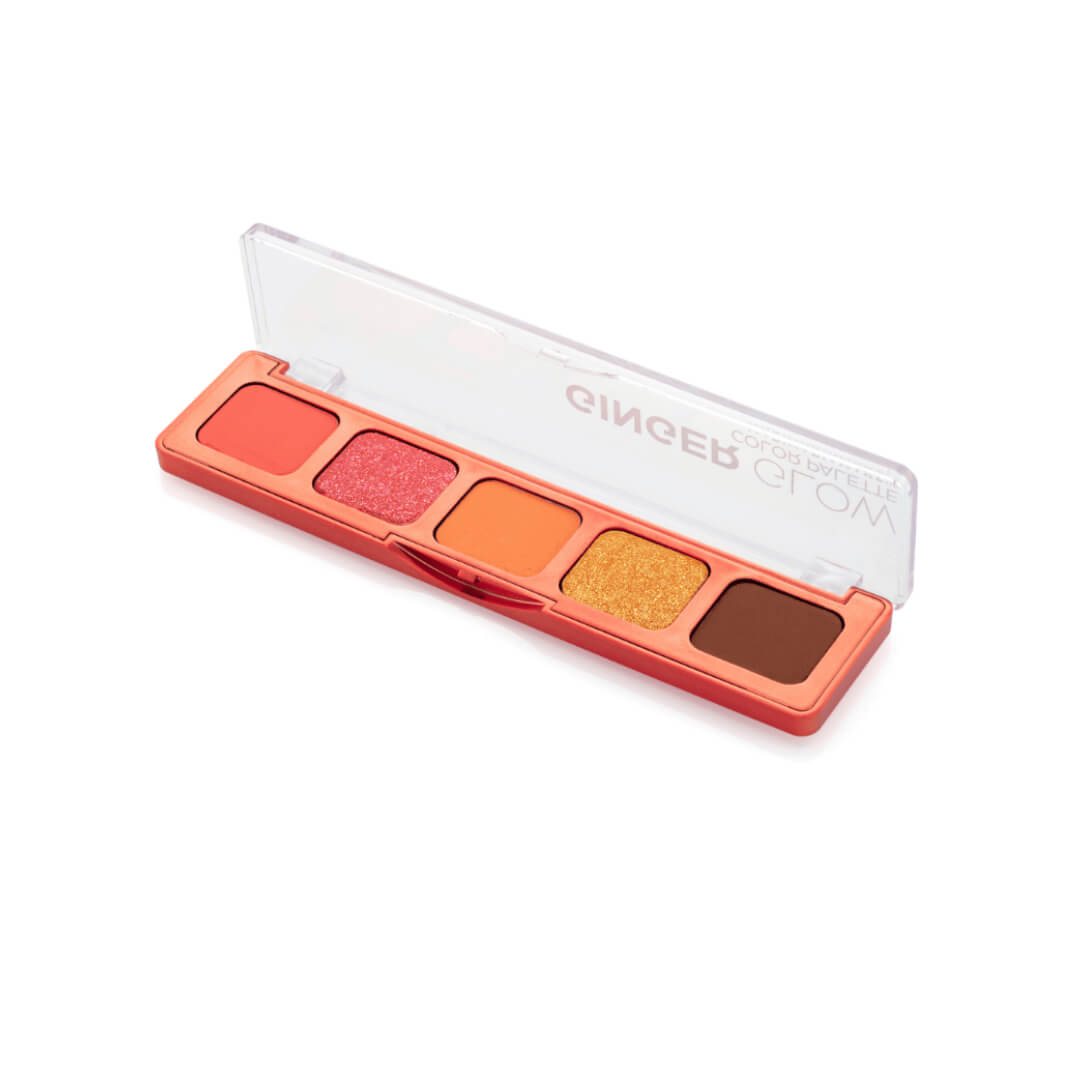 Paleta de sombras Mari Maria Ginger Glow com 5 tons em embalagem coral com tampa transparente