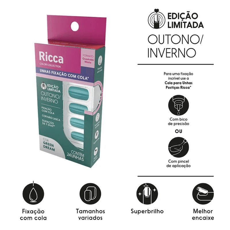 Embalagem lateral Unhas Ricca Green Dream com especificações do produto